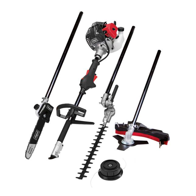 Scheppach garden multi-tool with various attachments including a chainsaw, earth auger, hedge trimmer, and grass cutter. Versatile tool for gardening.